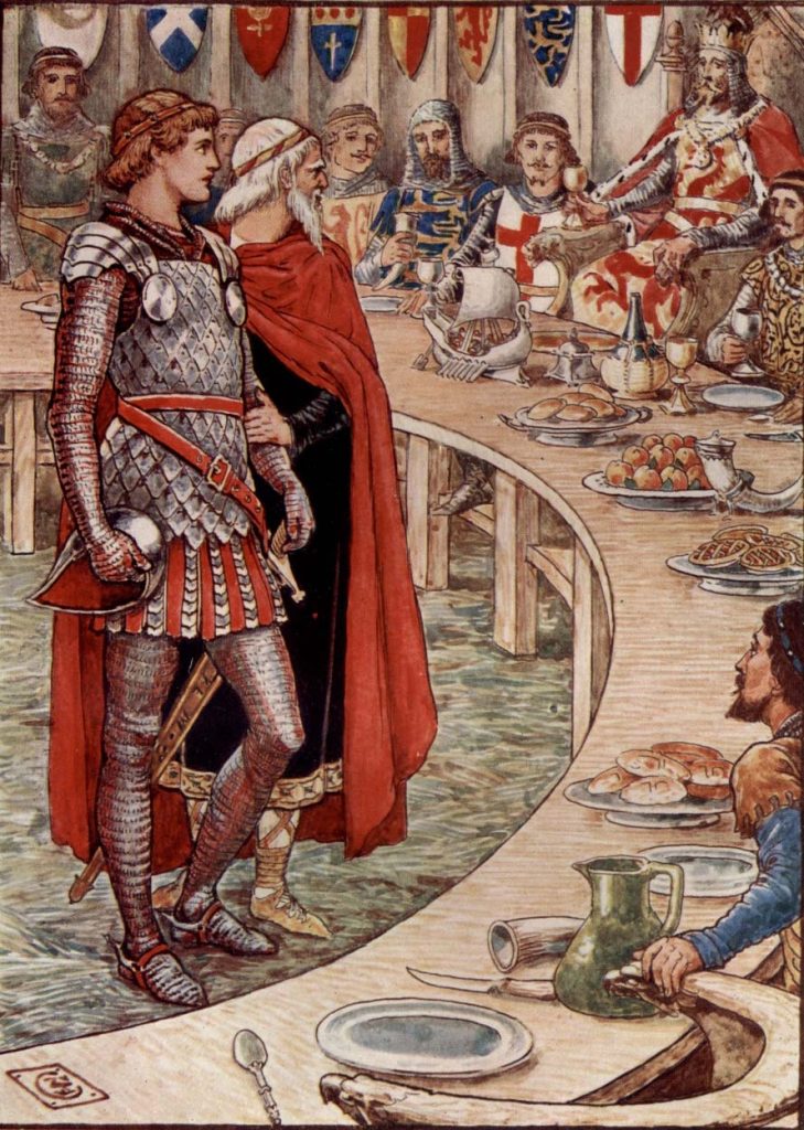 Sir Galahad is borught to the court of King Arthur. | Artist: Walter Crane