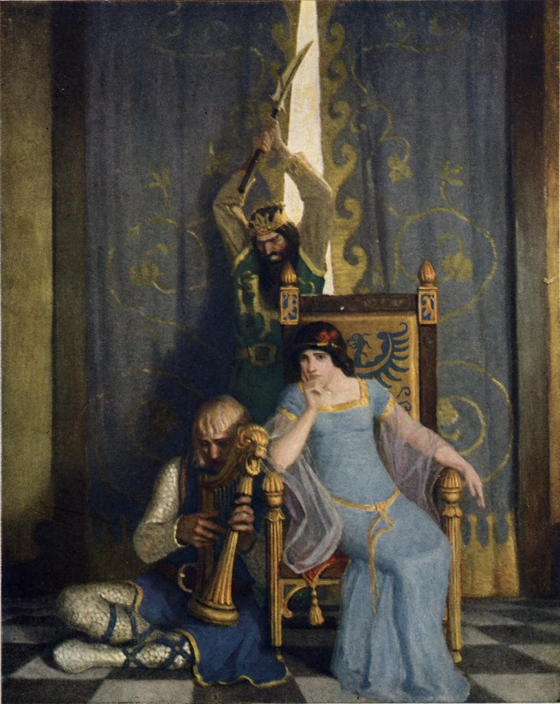 King Mark slew the noble knight Sir Tristram as he sat harping before his lady La Belle Isolde.
Painted by N.C. Wyeth, 1922. 