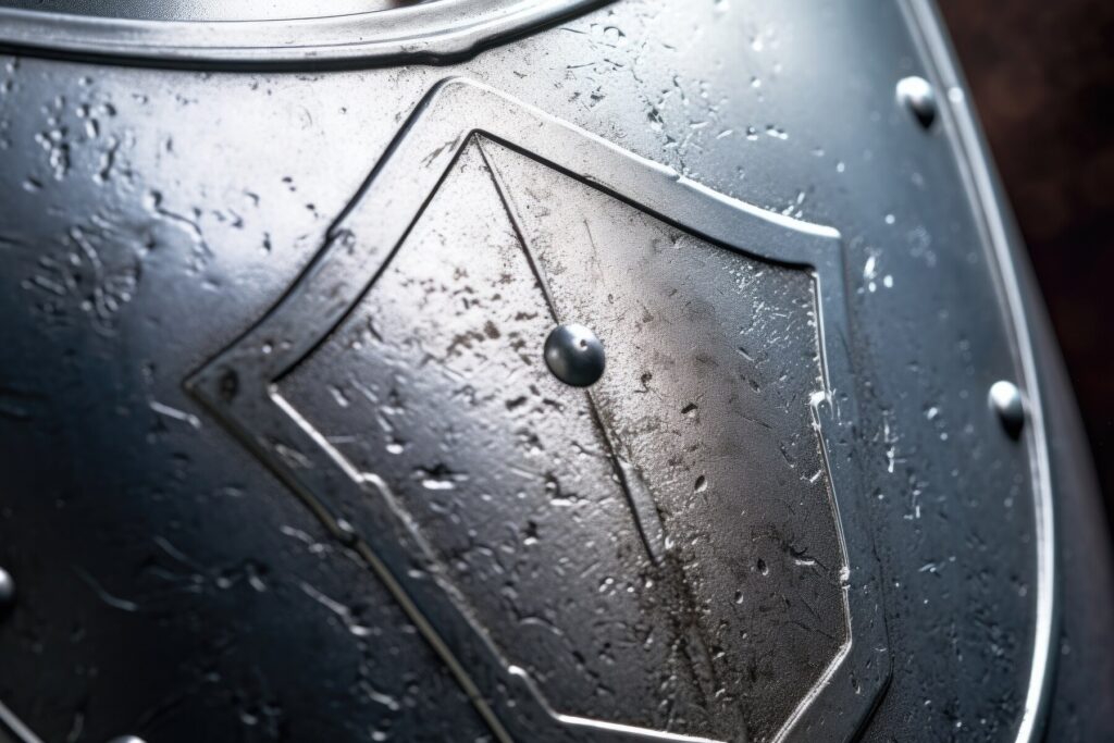 Closeup of metallic armor.