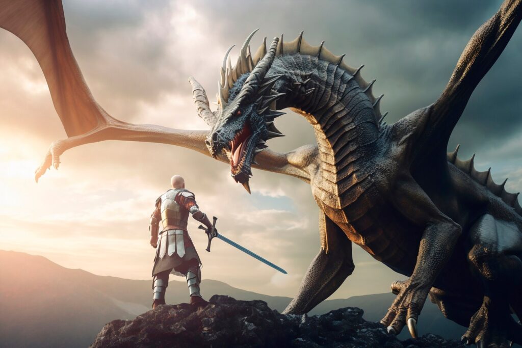 A knight stands in front of a dragon.